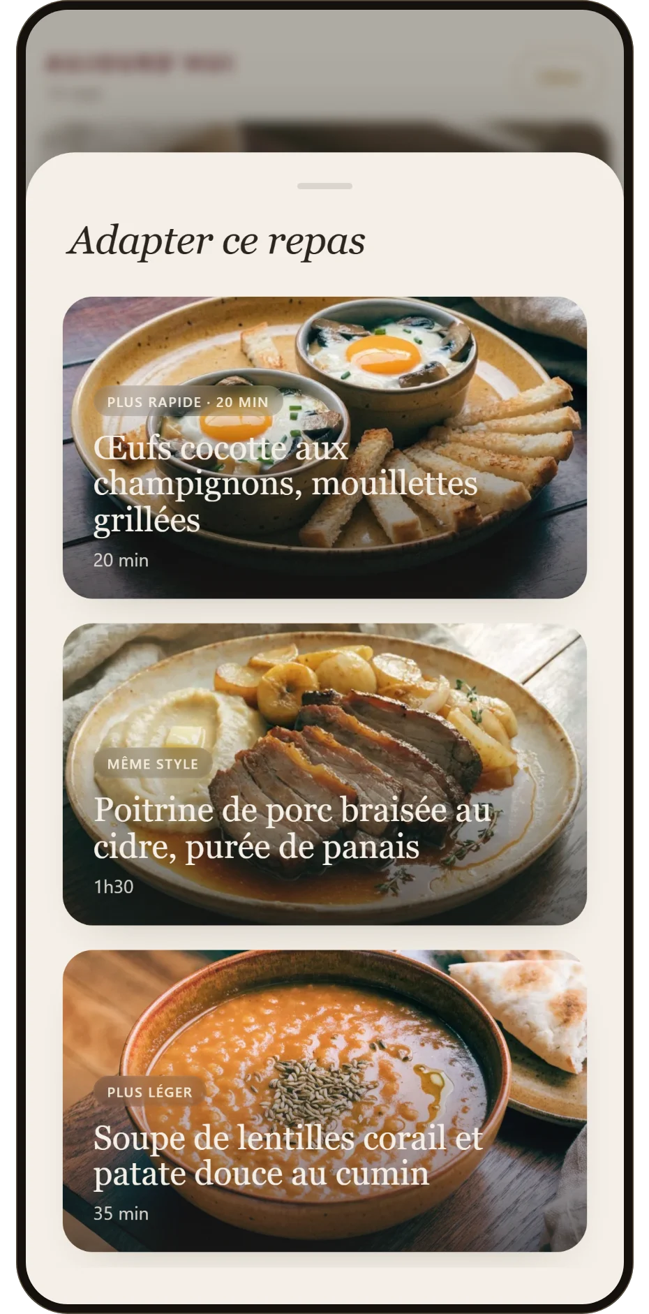 L'écran Recette de l'application ZESTUP avec une alternative