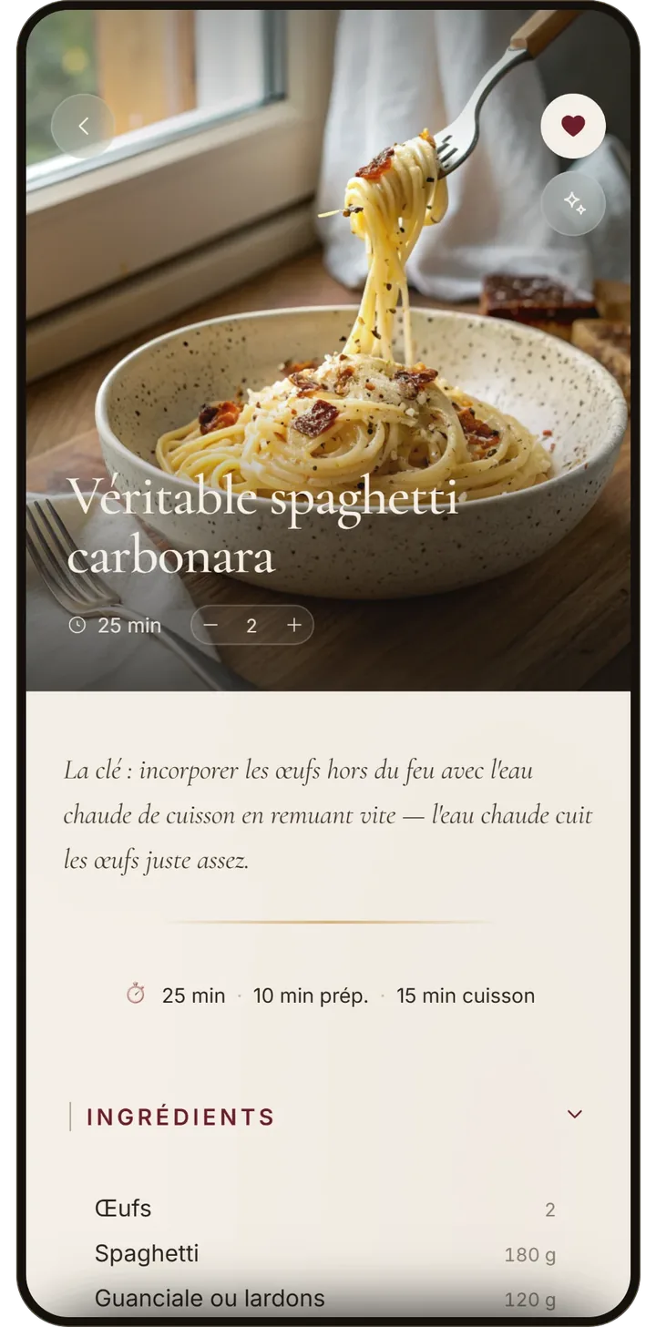 La fiche d'une recette ouverte dans l'application ZESTUP