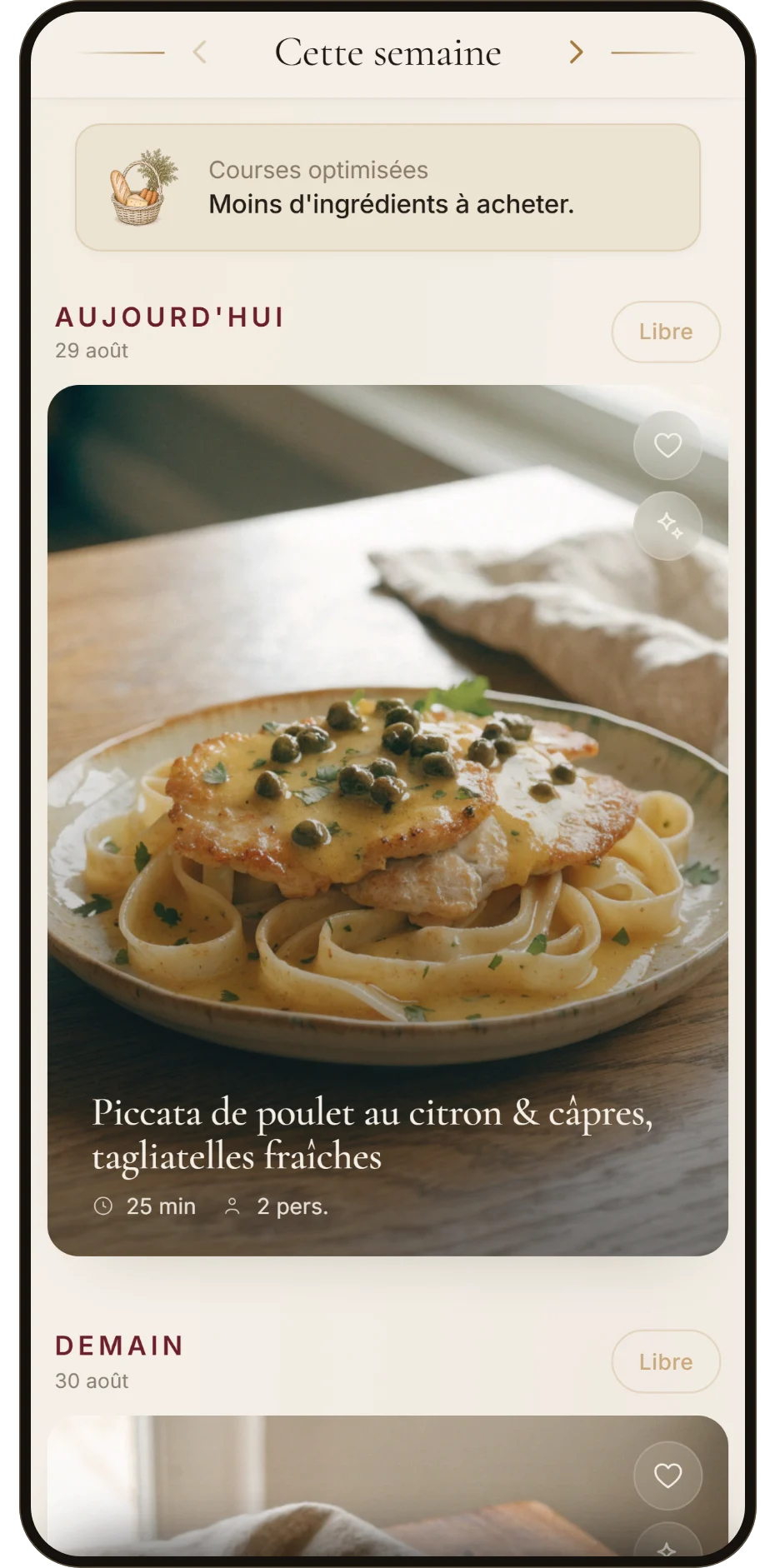 L'écran Repas de l'application ZESTUP