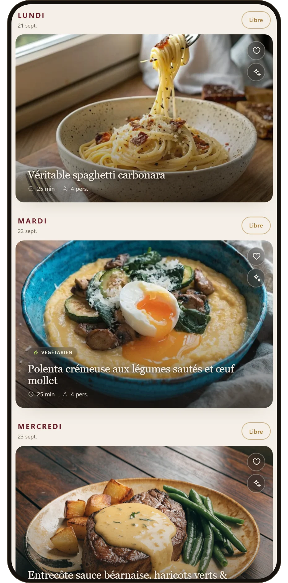 L'écran Semaine de l'application ZESTUP