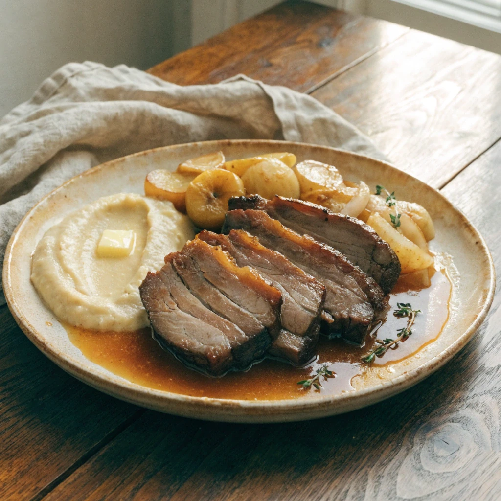 Tranches de poitrine de porc braisée au cidre, pommes confites, sauce et purée de panais au beurre