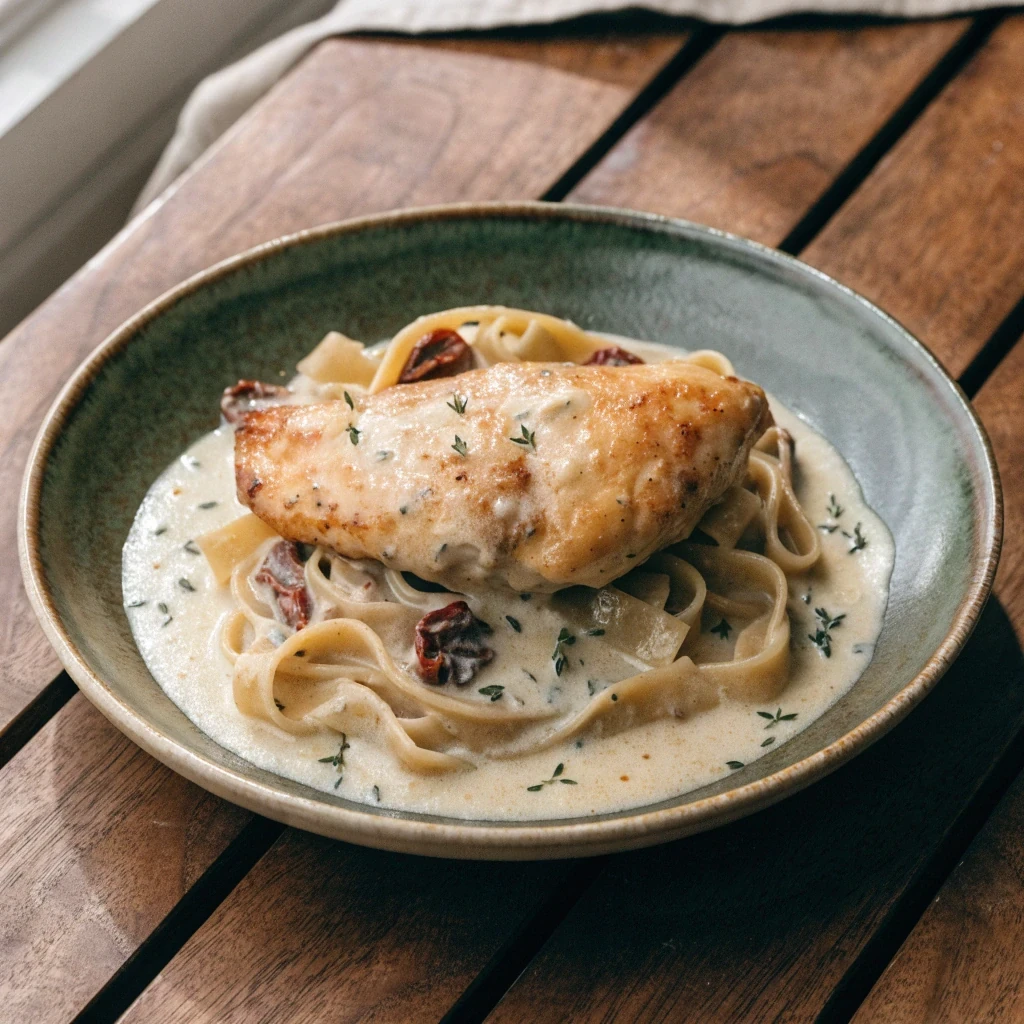 Filet de poulet doré, sauce crémeuse aux tomates séchées et au thym, sur des tagliatelles