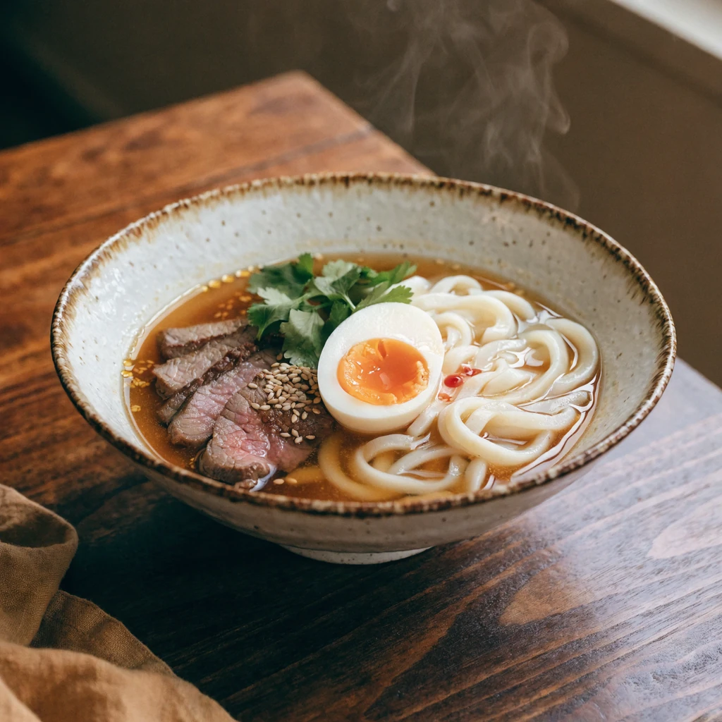 Nouilles udon au bœuf, bouillon soja-gingembre et œuf mollet, servies dans un bol